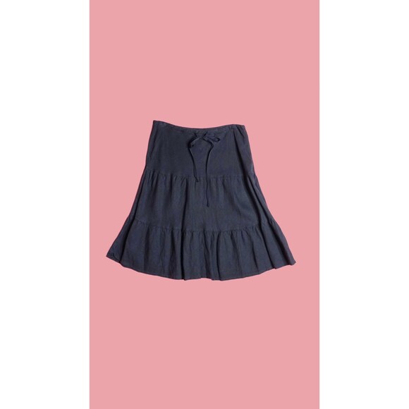 Y2K. 2000s. ALLEN ALLEN Black LINEN Adjustable Waist Tie. Tiered A Line Skirt. S - Picture 1 of 8
